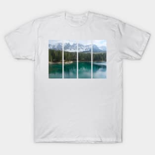 The fabulous alpine lake of Carezza in the Dolomites (Bolzano). Lovely place in the Italian Alps. Reflections in the water. View from the shore. Sunny spring day. Trentino Alto Adige T-Shirt